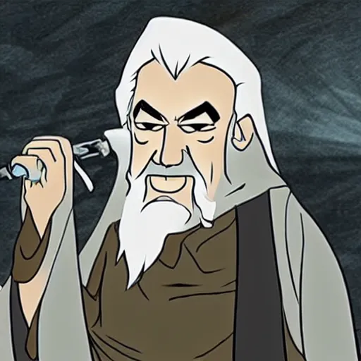 Image similar to gandalf in the cartoon metal band metalocalypse