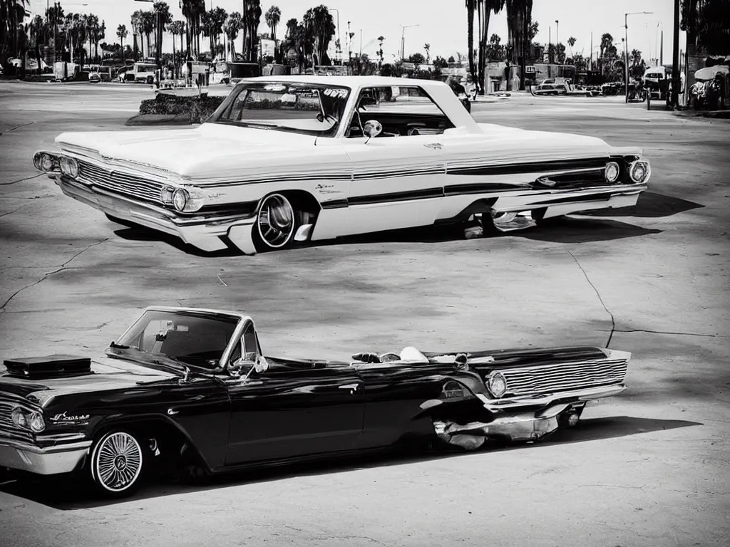 Image similar to “A black and white 28mm photo of a 1964 Chevy Impala lowrider in Los Angeles”