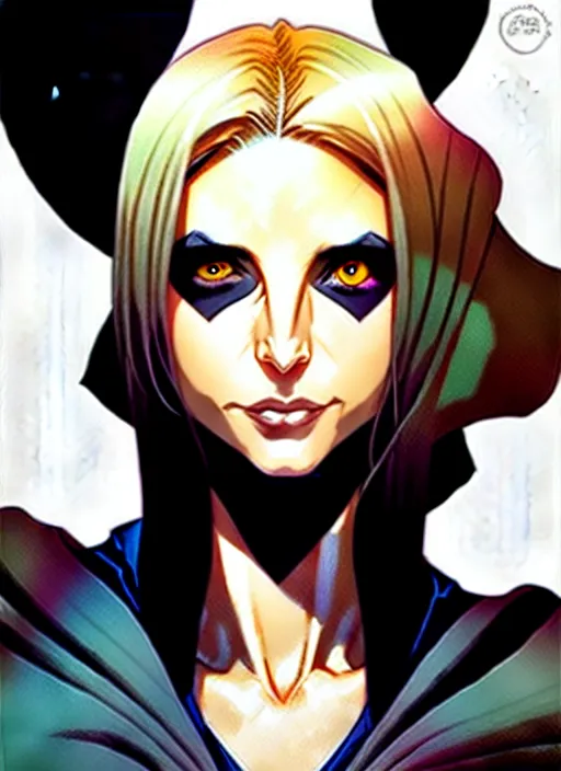 Image similar to artgerm, joshua middleton comic cover art, pretty sarah michelle gellar superhero, asymmetrical black oval spot covering left eye, left eye only, very pale white skin, no spot right eye, white around right eye