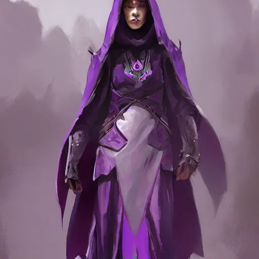 Image similar to full body, female warlock long hood cloak purple, fighting monster with magic, 8 k, trending on artstation by tooth wu and greg rutkowski