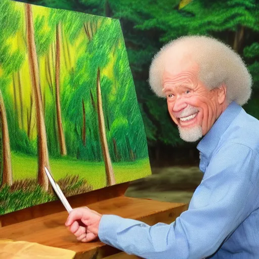 Image similar to Bob Ross drawing a forest with a lake