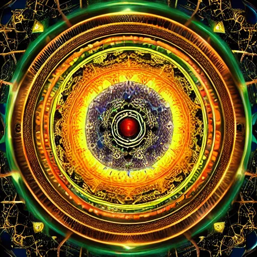 Prompt: rainbowcore, golden yinyang sign glowing, surrounded by lotus, with the sun shining with the moon, with detailed mandala filled with fractals, bioluminescence, glowing runes, de-noise, symmetrical composition, high detailed, super clear, ornate border, 32k immaculate scale, hyper-realistic, Unreal Engine, Octane Render, digital art, trending on Artstation, atmospheric, immaculate