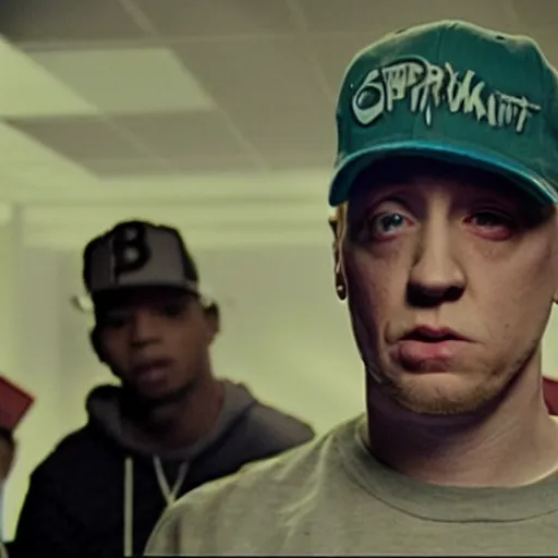 Image similar to still of an award - winning movie of eminem in a rap battle against a chocolate m & m, hyperdetailed, hdr, studio lighting, studio quality effects, epic!!!!!!