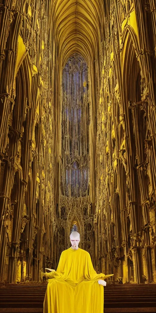 Image similar to a tall pale humanoid wearing a yellow garment sitting upon an ornate stone throne, 4K, digital art, horror, dramatic, wearing a long yellow rotting garment, dark, hyperrealistic, perspective, complex (((dark))) cathedral background with volumetric lights coming in through cathedral windows, dark background, highlights,