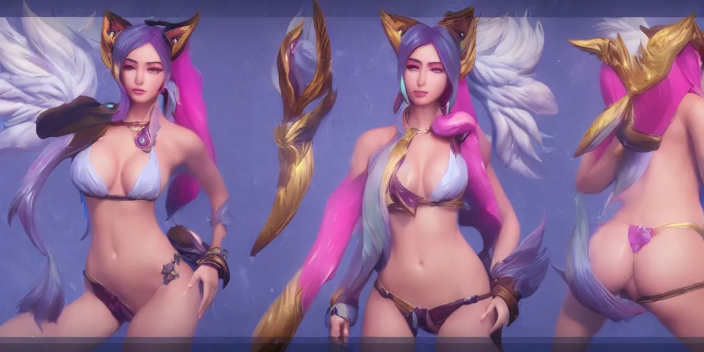 Prompt: beautiful character sheet of pool party Ahri (wild rift). 3d render, octane render, realistic, highly detailed, trending on artstation