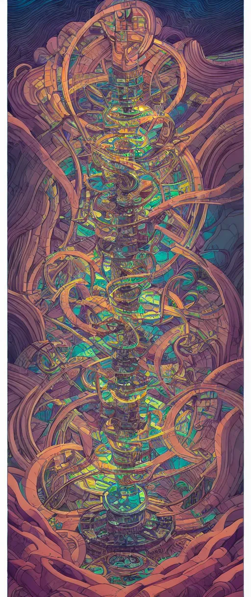 Image similar to archaic twisted turn of fate abstraction, centered award winning ink pen illustration, isometric abstract illustration by dan mumford, edited by craola, technical drawing by beeple and tooth wu, tiny details by artgerm and watercolor girl, symmetrically isometrically centered