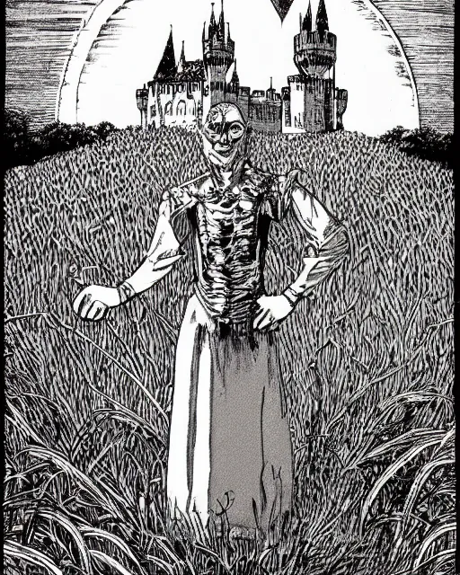Image similar to an illustration of a haunted anamatronic, full body, standing in a field, castle in the background, pen-and-ink illustration, etching, by Russ Nicholson, DAvid A Trampier, larry elmore, 1981, HQ scan, intricate details