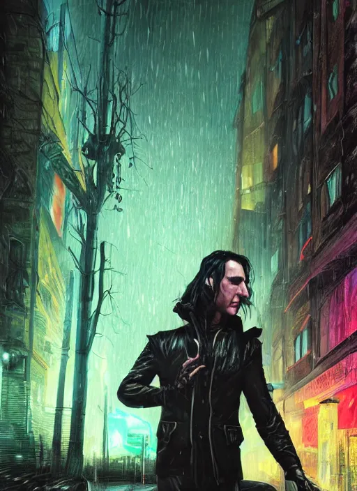 Image similar to an epic fantasy comic book style full body portrait painting of a very beautiful synthwave industrial goth trent reznor as snape walking in the rain, neon reflections in the rain puddles, character design by mark ryden and pixar and hayao miyazaki, unreal 5, daz, hyperrealistic, octane render, cosplay, rpg portrait, dynamic lighting, intricate detail, cinematic