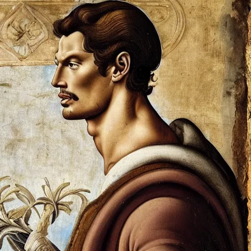 Prompt: stunning renaissance fresco of david gandy, masterpiece, artstation, by Sandro Botticelli, by Sofonisba Anguissola