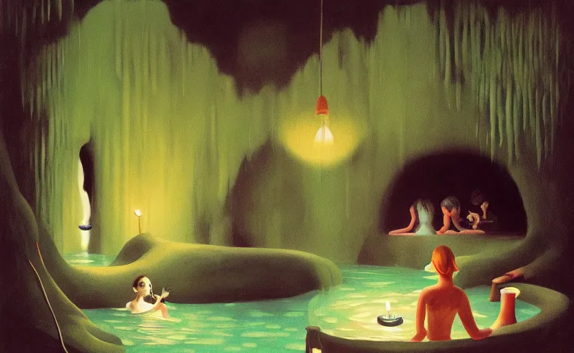 Prompt: detailed interior of cozy hotsprings hidden inside a cave, small waterfalls, lush vegetation, flowers, towels, plates of fruit, candlelight, Edward Hopper and James Gilleard, Zdzislaw Beksinski, Mark Ryden, Wolfgang Lettl highly detailed, hints of Yayoi Kasuma