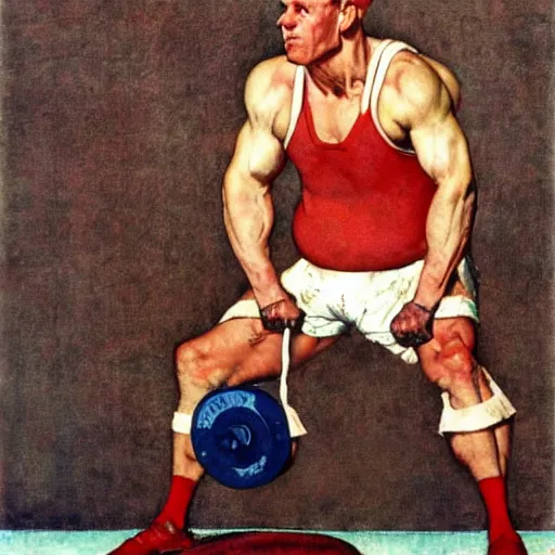 Prompt: Norman Rockwell painting of an Olympic weight-lifter attempting to deadlift a giant cheeseburger