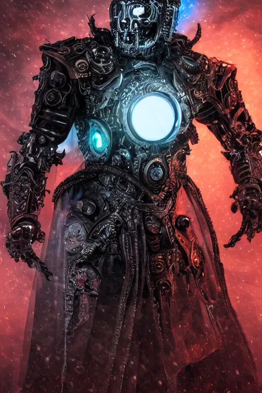 Image similar to a portrait of an ancient cybernetic lich king, dark sci - fi setting, shining chrome and leather, dynamic pose, decay, glowing red eyes, close - up, intricate details, intricately detailed clothing and textures, warm lighting, vivid colors, smoke and mist, hyper realistic octane render, volumetric shading, depth of field, raytracing, 8 k,