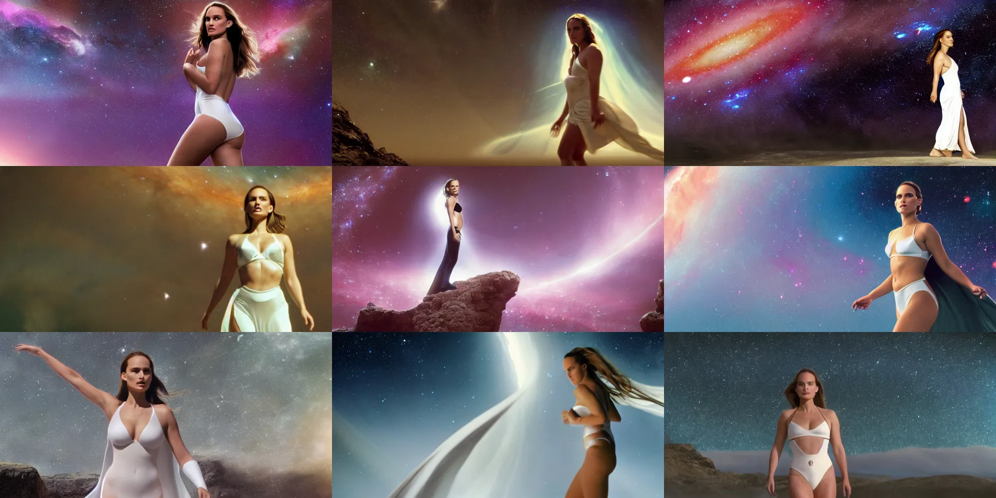 Image similar to film still of curvy natalie portman walking on an invisible bridge, similar to the bifrost, toward an endless abyss in space, wearing a white flowy bikini inspired by ancient roman clothing, beautiful astronomical background with galaxies and nebulas, lack of sunlight, darkness of space, focus on facial detail, 8 k resolution, cinematic lighting, anatomically correct, by christopher nolan