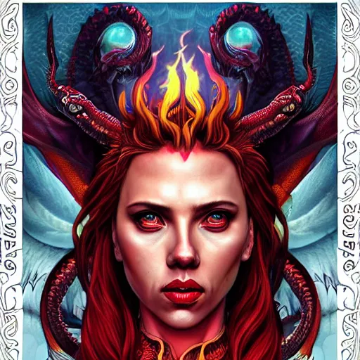 Prompt: demonic female demon hell portrait of scarlett johansson as queen of hell and dragons, fire and flame, big long hell serpent dragon octopus, Pixar style, by Tristan Eaton Stanley Artgerm and Tom Bagshaw.
