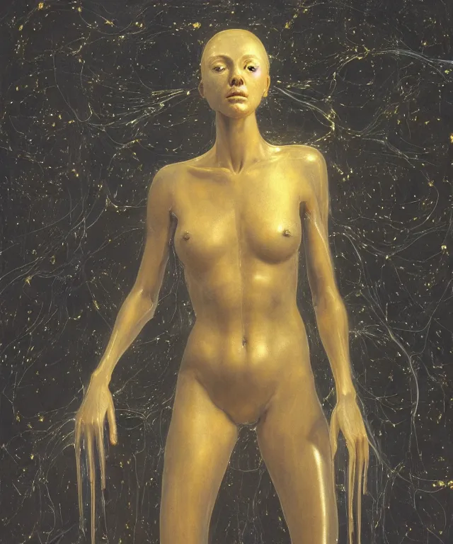 Prompt: Beautiful full-body wax sculpture of a glowing transparent woman in glowing dress with visible gold bones covered with melted white wax inside the singularity where stars becoming baroque folds of dark matter by Michelangelo da Caravaggio, Nicola Samori, William Blake, Alex Grey and Beksinski, dramatic volumetric lighting, highly detailed oil painting, 8k, masterpiece