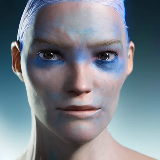 Prompt: Female superhero with ethereal glowing blue skin. Close-up side profile portrait. Weta Digital. Animal Logic. Industrial Light & Magic. MANUKA renderer.