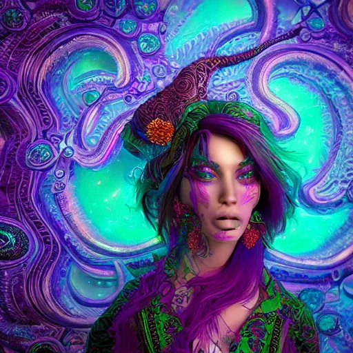 Image similar to psychadelic witch, hyper detailed, flowing psychadelic background intricate and detailed, ornate 8 k gorgeous intricate detailed, octane render