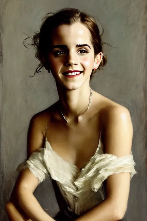 Image similar to emma watson smiling laughing alexander mcqueen gathered faille v - neck mini dress smiling detailed portrait painting by gaston bussiere craig mullins j. c. leyendecker photograph by richard avedon peter lindbergh