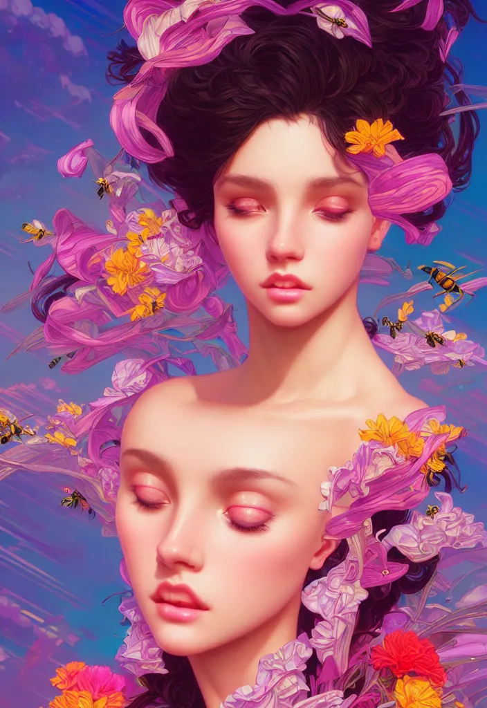 Image similar to young beautiful woman, gorgeous face, vaporwave aesthetic, synthwave, colorful, psychedelic, artstation, flowers, bees, ribbons, concept art, smooth, extremely sharp detail, finely tuned detail, 8 k, unreal engine 5, ultra sharp focus, illustration, art by artgerm and greg rutkowski and alphonse mucha