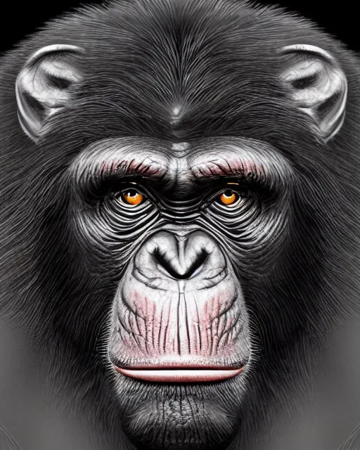 Image similar to very detailed high resolution illustration portrait of a chimpanzee wearing armor, backlit, stars, night, surrounded, 3 d, 8 k, extremely detailed, artstation, award winning