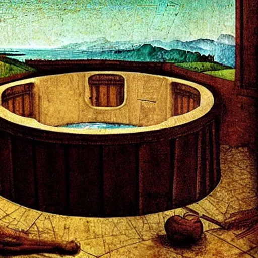 Image similar to leonardo da vinci's plans for his new invention the hot tub