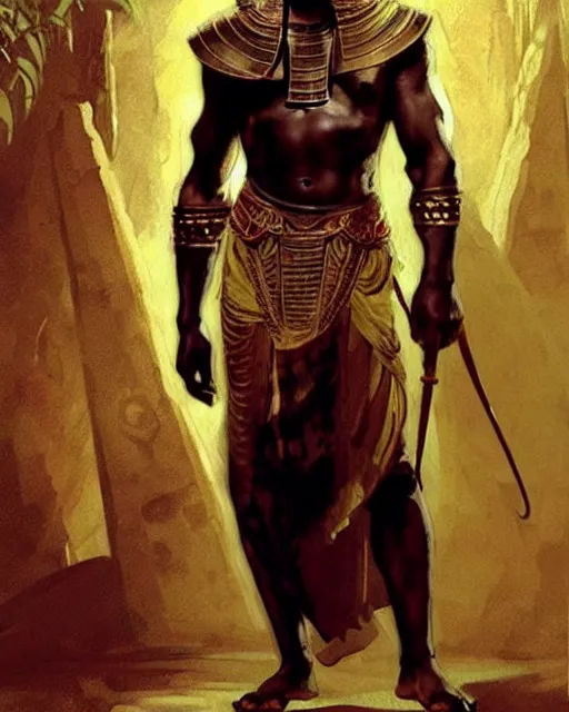 Prompt: concept art by anders zorn and craig mullins depicting djimon hounsou as a tall and very lean temple guard dressed in ancient egyptian decorative armor, flowing robes, harem pants, and leather strapped sandals