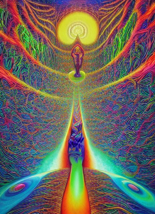 Prompt: incredible ultra dimensional psychedelic experience time, while tripping on dmt, energy waves, trippy melting eyes, overwhelming psychosis of self - realization and burning awakening, masterpiece composition, by barclay shaw, louis dyer, pablo amaringo
