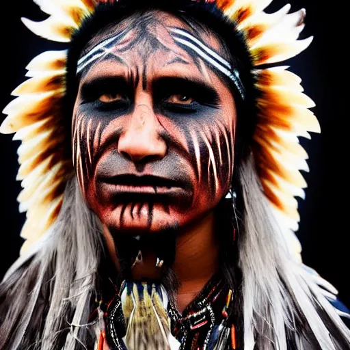Prompt: native warrior wearing demon warpaint, black feathr head wear, award winning photograph