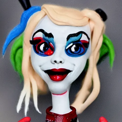 Prompt: Harley Quinn in the style of Tim Burton, Harley Quinn, Claymation, Tim Burton,