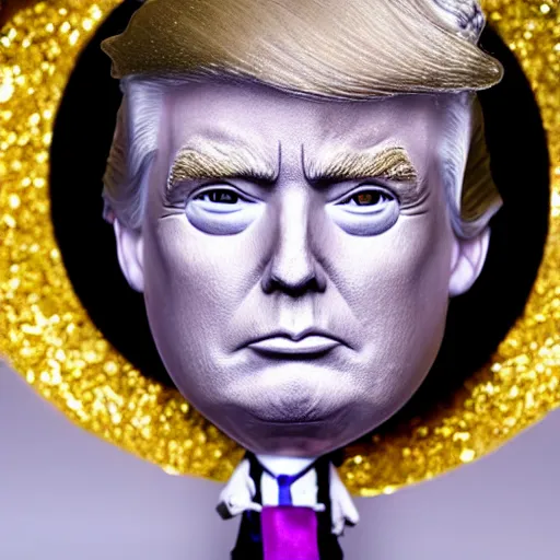 Image similar to Donald Trump with silver-violet hair, white eyes and golden glittery dress, wide lens, diorama, 4k,