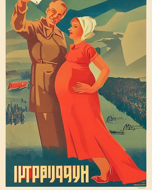 Prompt: Soviet propaganda poster with pregnant men by Dmitry Moor