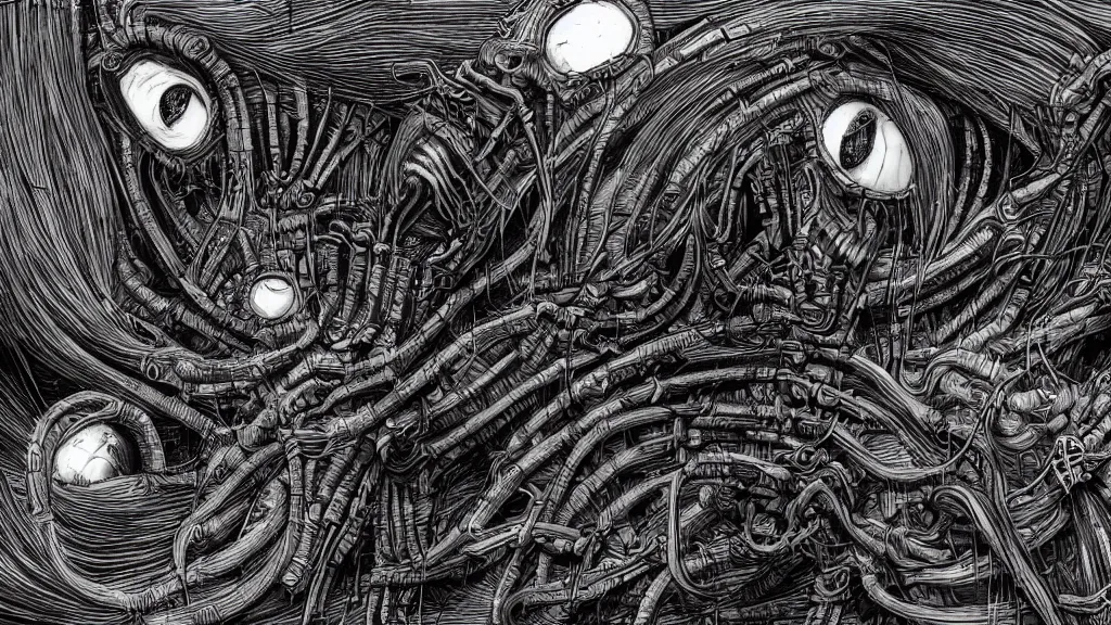 Prompt: Heart of the internet, core of the internet, style of Giger, H. R. GIGER, style of Junji Ito, 4K, highly detailed, minimalistic, minimalistic, minimalistic, fine tuned, machina