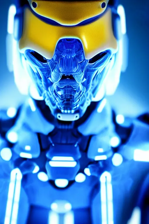 Image similar to hyperrealistic close-up blue glow exoskeleton!! sad chinese man covered highly detailed concept art eric zener elson peter cinematic side soft yellow light high angle hd 8k sharp shallow depth of field