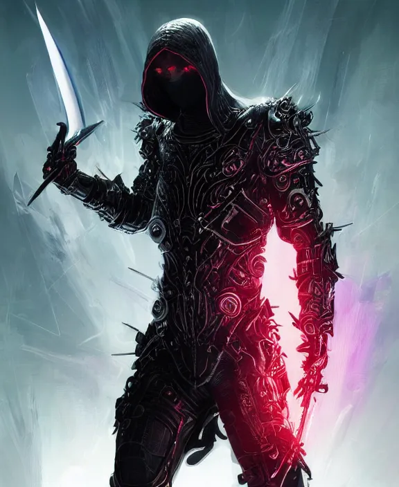 Prompt: the omnipotent assassin, vivid award winning digital artwork, intricate black sharp iridescent hooded semi - cybernetic armour, beautiful iridescent technology and weapon, long sharp spikes, swords, glowing face, detailed realistic, specular colors, ornate colored gems, character art by greg rutkowski and artgerm