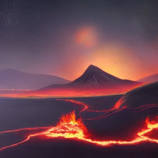 Prompt: landscape painting of a volcanic planet bubbling with fire and sparks, extremely atmospheric lighting, epic lighting, cgsociety, trending on artstation,