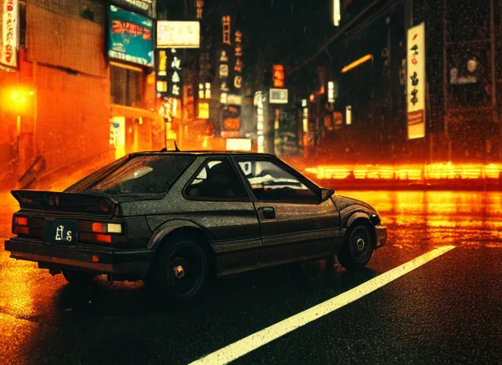 Image similar to close up macro shot of a ae 8 6 car on wet tokyo street at night, intricate, hyper detailed, smooth, high contrast, neon, volumetric lighting, octane, moebius, greg rutkowski, blade runner, ridley scott, cinematic