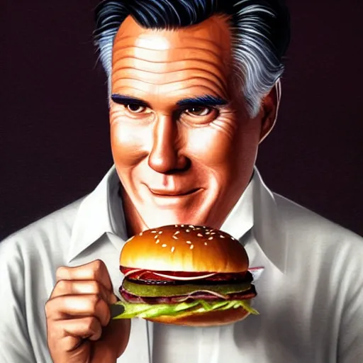 Prompt: portrait of mitt romney eating hamburgers, extra onions and ketchup, luscious patty with sesame seeds, feminine ethereal, handsome, d & d, fantasy, intricate, elegant, highly detailed, digital painting, artstation, concept art, matte, sharp focus, illustration, art by artgerm and greg rutkowski and alphonse mucha