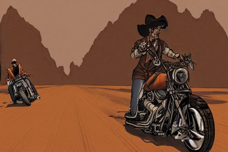 Prompt: faceless cowboy riding a harley davidson in a desert road, cowboy shot, perspective, art by satoshi kon, soft colors