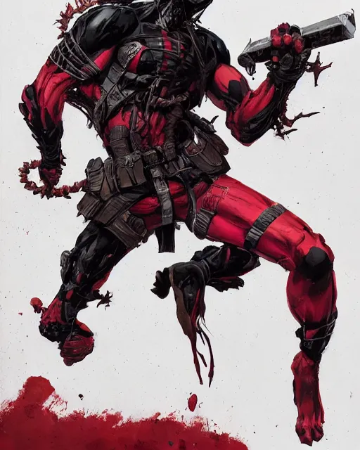 Image similar to highly detailed closeup portrait of a mutated venom symbiote in deadpool suit with a fierce expression, wearing his katana, by atey ghailan, by greg rutkowski, by greg tocchini, by james gilleard, by joe fenton, by kaethe butcher, red, black, crimson and grey color scheme