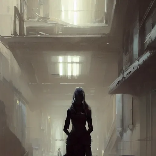 Image similar to concept art by greg rutkowski, a very tall, and slender woman with blond hair, talking with a very tall and slender mand with short black hair, brutalist futuristic interior, dark lighting atmosphere, detailed portraits, nostalgic atmosphere, scifi, digital painting, artstation, concept art, smooth, sharp foccus ilustration, artstation hq