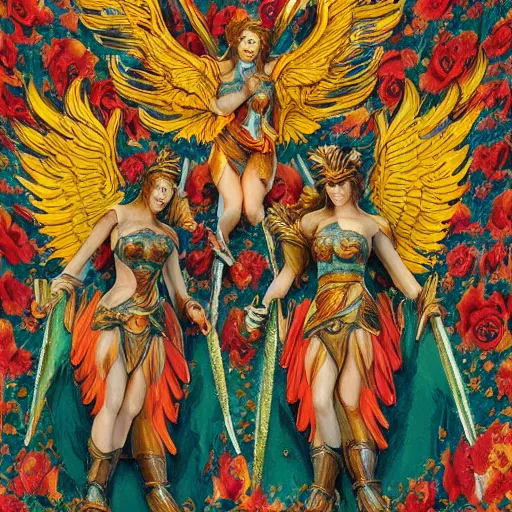 Prompt: flaming angels guardians with floral adornments