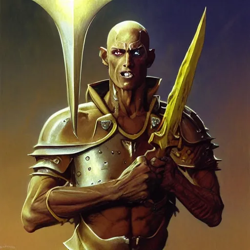 Image similar to ( ( ( quarter length portrait of a gaunt noseless yellow - skinned bald githyanki warrior in a breastplate, wielding a magical silver greatsword ) ) ), greg rutkowski, frank frazetta, alexandre chaudret, boris vallejo, michael whelan, miro petrov, magali villeneuve, donato giancola, d & d