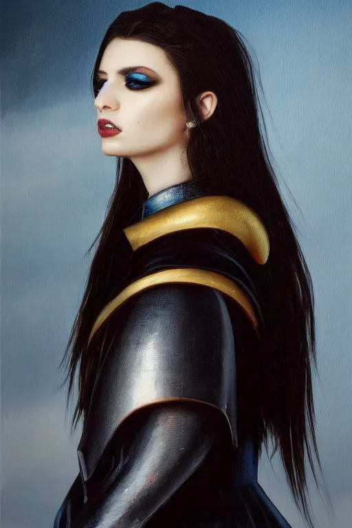 Prompt: hyperrealism oil painting, close - up portrait of european medieval brunette vampire fashion model, knight, steel gradient mixed with nebula sky, in style of baroque