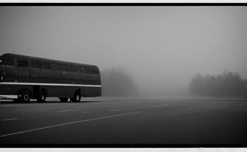 Prompt: exterior traveling greyhound bus circa 2 0 1 5, being john malcovich directed by charlie kaufman ( 2 0 0 1 ), shot with 2 4 mm lens anamorphic lenses, dp hoyte, foggy volumetric light morning, cinematic mood, 3 5 mm kodak film