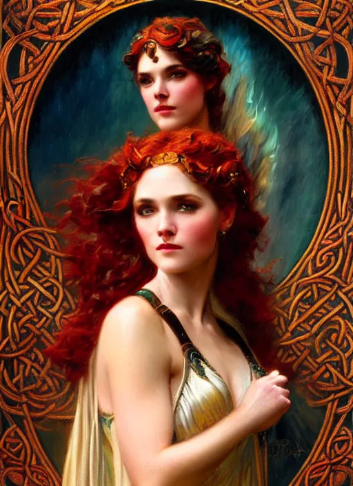 Image similar to young celtic woman, goddess of fire, flowing gown, smug expression, highly detailed painting by gaston bussiere, craig mullins, j. c. leyendecker 8 k, art nouveau