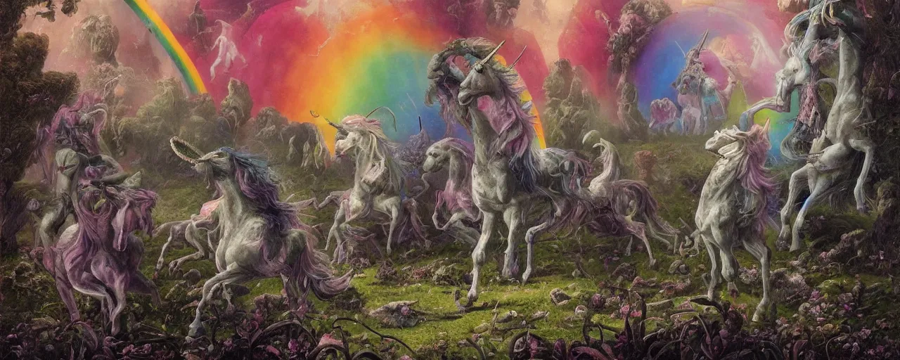 Image similar to a beautiful detailed mate painting of unicorns dancing under a rainbow on a graveyard'by wayne barlowe, existential horror, trending on cgsociety artstation, highly detailed, 8 k, masterpiece, super resolution.
