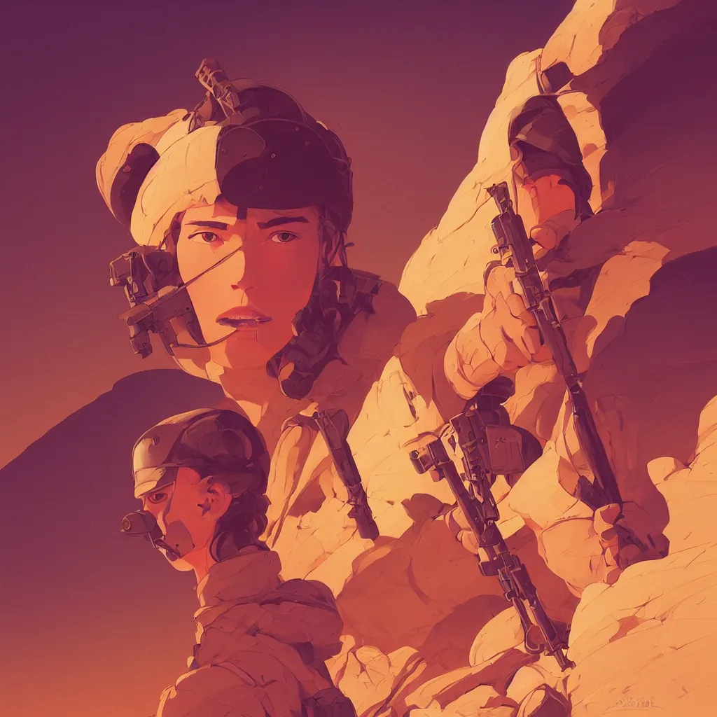 Image similar to desert soldier, smooth face, centered, solid bacgkround, median photoshop filter cutout vector behance, hd by artgerm, jesper ejsing, by rhads, makoto shinkai and lois van baarle, ilya kuvshinov, rossdraws, illustration, art by ilya kuvshinov and gustav klimt