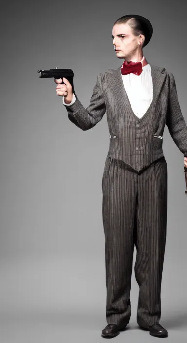 Prompt: Full body portrait of a man with a stern look dressed in a 1930s attire. He is pointing a gun and seems mentally unstable. 4K, dramatic lighting
