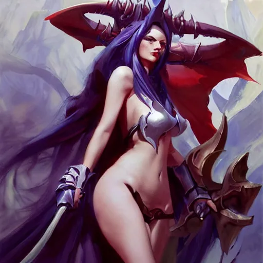 Image similar to Greg Manchess portrait painting of a large-horned demonic girl, devil armored character from league of legends, medium shot, asymmetrical, profile picture, Organic Painting, sunny day, Matte Painting, bold shapes, hard edges, street art, trending on artstation, by Huang Guangjian and Gil Elvgren and Sachin Teng