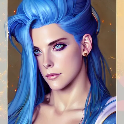 Image similar to Ashley Greene with blue hair as Sailor Moon, western, D&D, fantasy, intricate, elegant, highly detailed, digital painting, artstation, concept art, matte, sharp focus, illustration, art by Artgerm and Greg Rutkowski and Alphonse Mucha